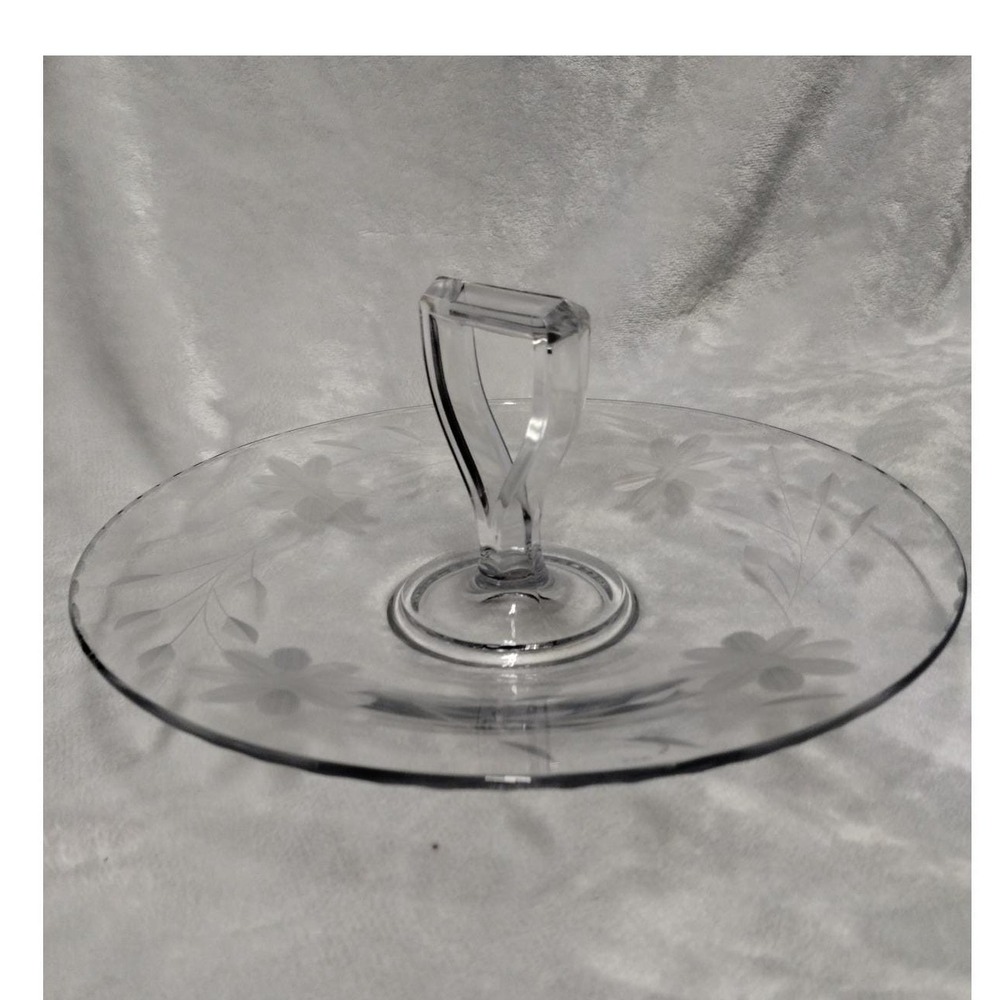 Vintage Clear Glass Handled Cake Plate Floral Etched Mid Century Serving Tray